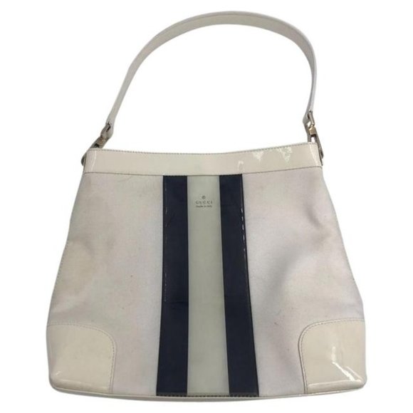 Gucci Vintage White Canvas and Patent Leather Satchel with Black Stripe - Picture 1 of 7